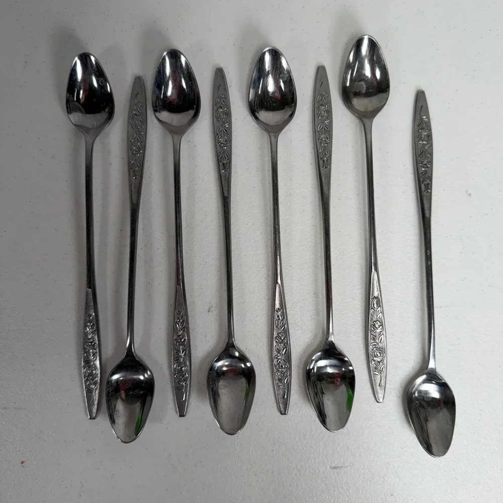 Eldan Iced Tea Spoons Set of 8 Rose Floral Embossed Japan Stainless Steel MCM